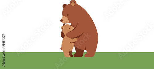 A large brown bear embracing a small cub on green grass in a heartwarming scene
