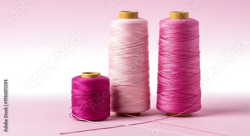 Three spools of pink sewing threads on pink background