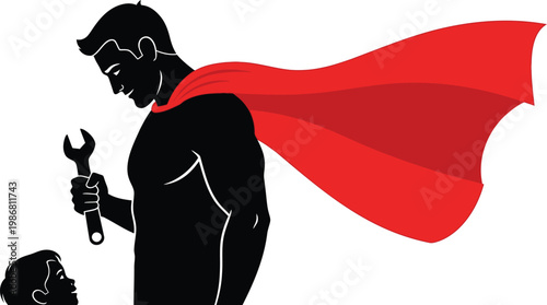 A superhero with a red cape holding a wrench helping a person