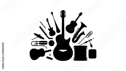 A collection of musical instruments in black silhouette on a white background