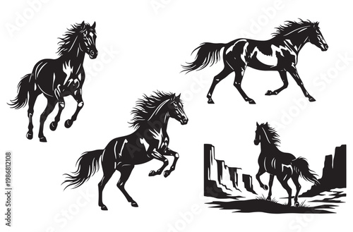 Running horse silhouette art featuring wild stallions in various action poses majestic equine creatures galloping through landscape isolated on transparent background for ranch design