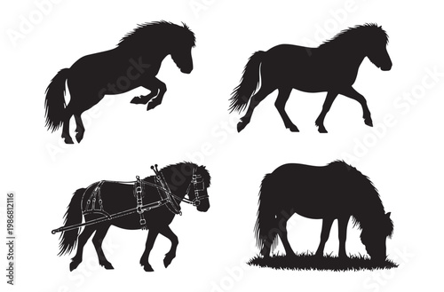 Pony horse silhouette collection illustrating various activities like jumping walking grazing and wearing harness gear for equestrian sport and farm animal vector clip art needs