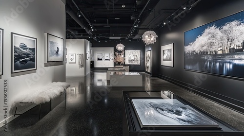 Modern art gallery showcasing monochrome photography.
