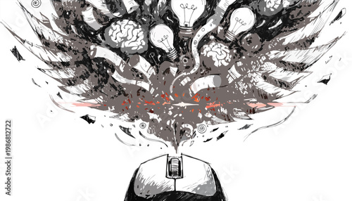 Conceptual Vector Illustration of Digital Imagination Explosion with Hand-Drawn Ink Style Elements.eps