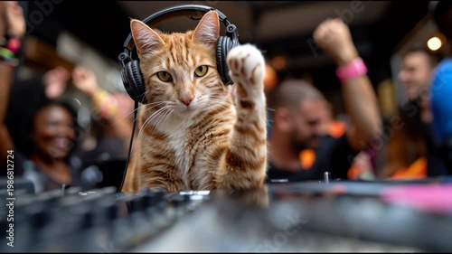 Orange tabby cat wearing headphones raises paw while standing at DJ mixer in lively party atmosphere with blurred crowd in the background