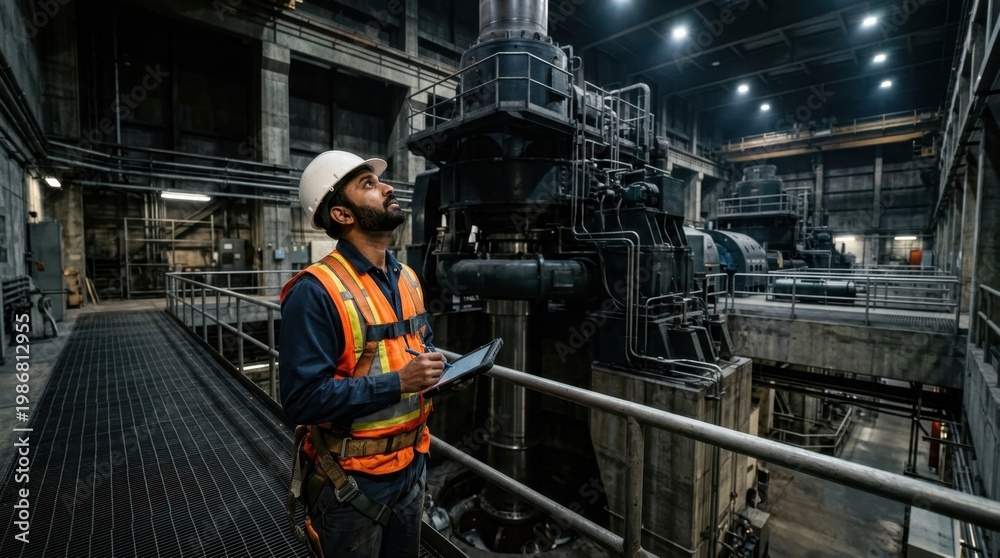 Fototapeta premium Male engineer in hard hat and safety vest standing inside a large scale industrial power plant or factory with heavy machinery and metal structures.