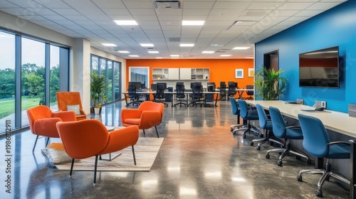 Modern office space, orange accents, bright lighting.