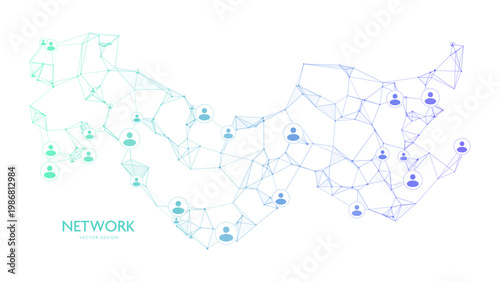 Abstract low poly network with people icons, communication and data exchange concept
