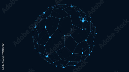 Abstract social network globe with connected users, data communication and networking concept