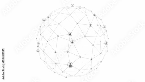 Monochrome global network sphere with user icons, data connection technology concept