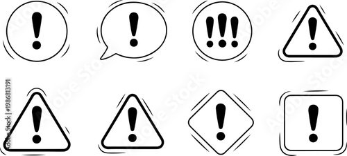 hand drawn warning icons set with exclamation marks in speech bubbles circles triangles and squares in black outline vector illustration for alert and notification design