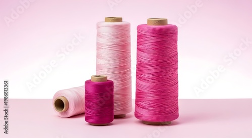 Three spools of pink thread and one spool of white thread on pink surface