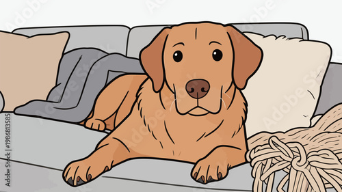 Cartoon Golden Retriever Lying on Gray Sofa