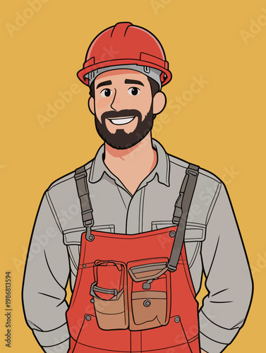 Cartoon Worker with Red Helmet and Overalls