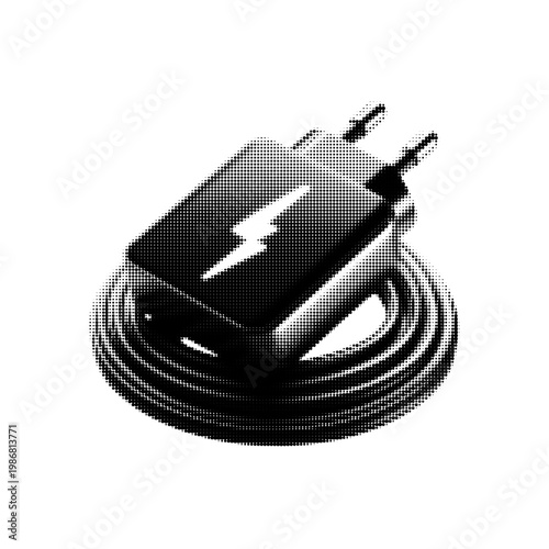 Halftone illustration of electric soldering iron with cable isolated on white background, dotted retro style, concept of repair, electronics and DIY.