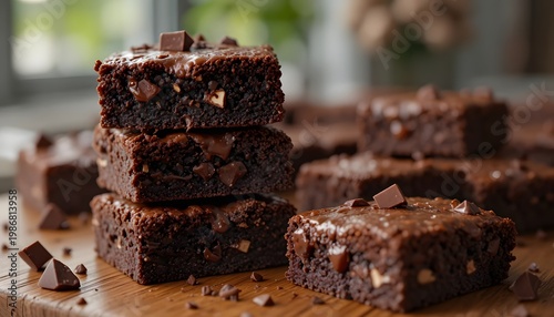 Fudgy chocolate brownies stacked on wooden table with melted chunks