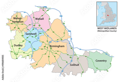 Map of the English Metropolitan County, West Midlands, UK