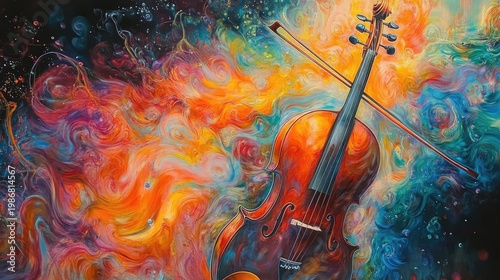 Vibrant cello painting, swirling colors, cosmic feel.