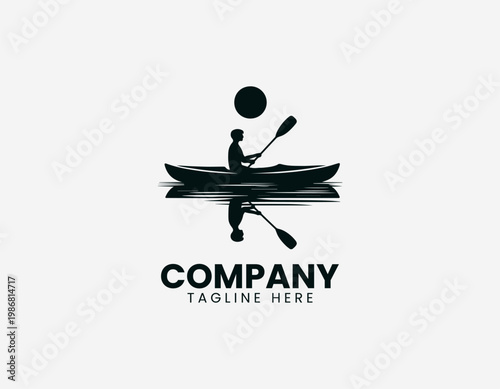 A solitary person is shown paddling a small kayak on calm water in a minimalist black vector style with a clear reflection.