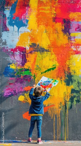 Child paints vibrant abstract wall art.