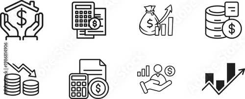 Finance icon set collection group featuring banking money investment budget accounting currency payment business economy tax profit savings credit wallet analytics modern vector design.