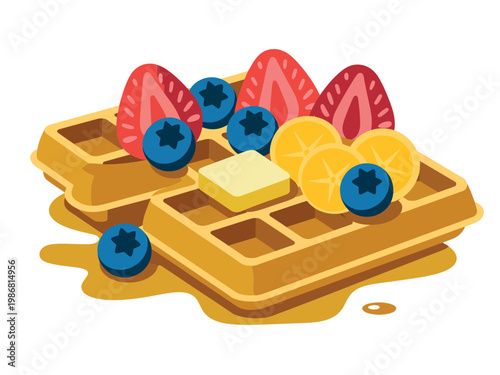 A delicious breakfast of waffles with fresh fruit and syrup on a white background