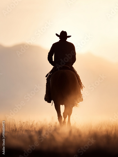 Silhouette of a cowboy riding a horse through a dusty field at golden sunrise.
