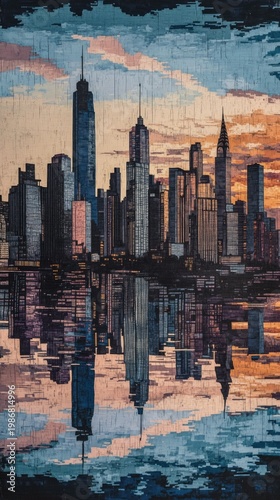 Cityscape reflection sunset mosaic art