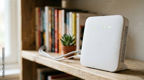 Close-up of a sleek white internet router with subtle status lights, representing the infrastructure of remote work with copy space.