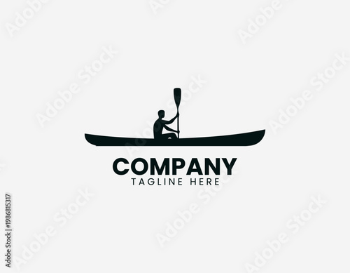 A solitary person is shown paddling a small kayak on calm water in a minimalist black vector style with a clear reflection.