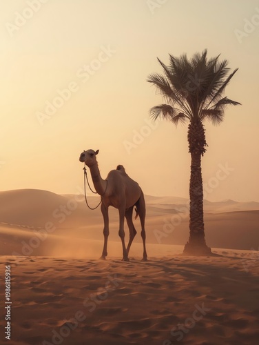 A silhouette of a wild camel mammal travels across the sahara desert sand dunes against a nature landscape sunset sky during a summer safari travel in egypt