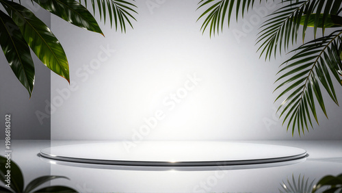 Minimalist podium with tropical leaves and soft lighting, perfect for product display