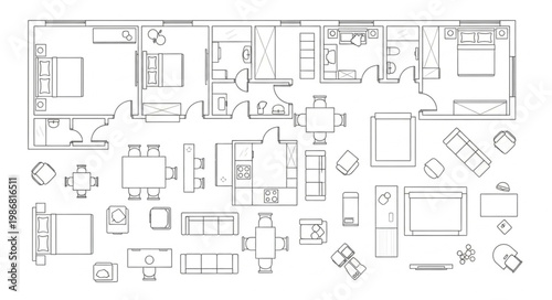 Detailed architectural floor plan drawing of a modern apartment layout.