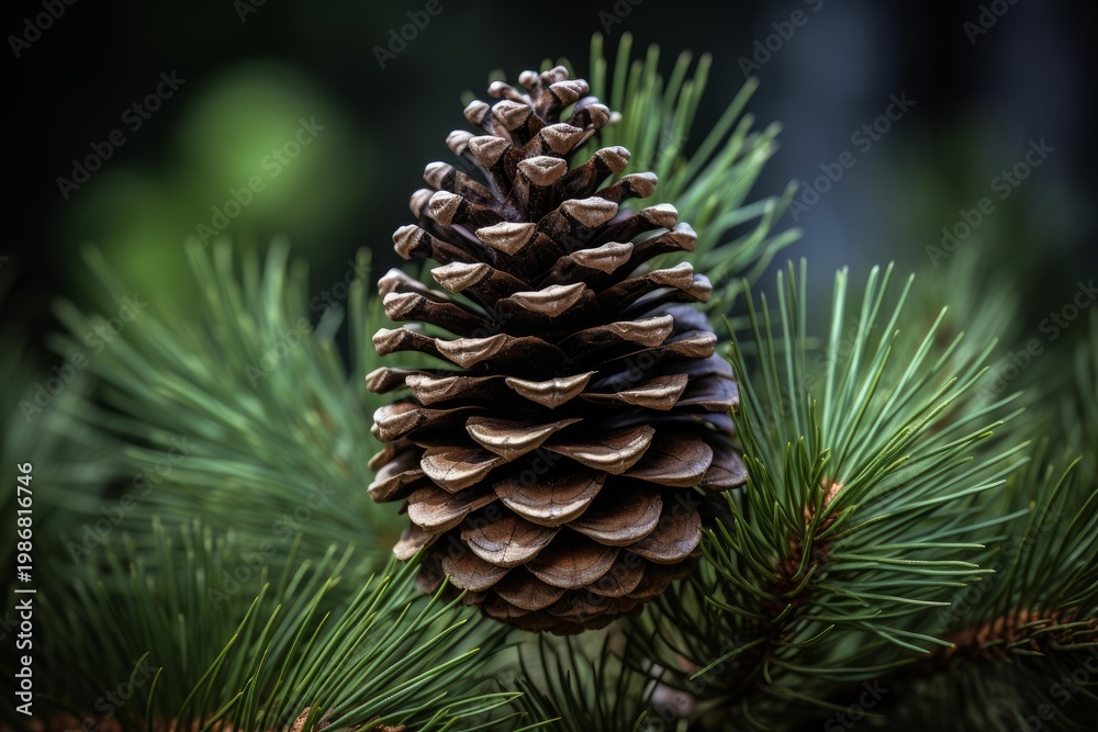 Fototapeta premium Close up of a mature pine cone growing on a pine branch, showcasing the intricate details of its scales and the surrounding needles