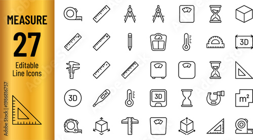 A set of line icons for measurement and geometry, including tools like rulers, protractors, and other scalable graphics for various commercial uses.