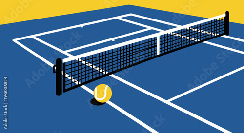 Tennis court with ball and net.
