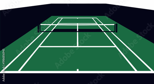 Tennis court with white lines and net.