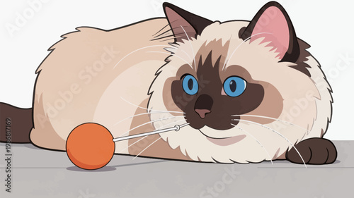 Cute Siamese Cat Playing with Orange Ball