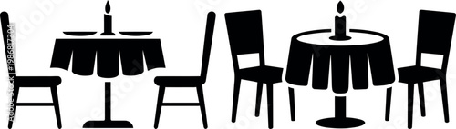 Two dining setups with chairs, tables, and candles in a minimalist style