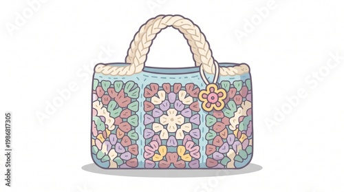Beautifully handcrafted crocheted handbag featuring a charming patchwork design in soft pastel colors, a delightful accessory for a stylish and unique look