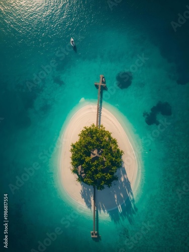 A view of a tropical island reef where sunlight pierces the ocean surface to illuminate a diving paradise