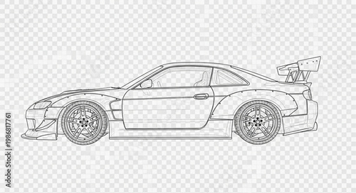 Detailed outline drawing of a sports car with a large rear spoiler.