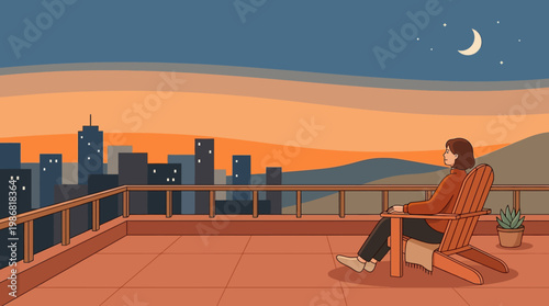Woman Contemplating City View from Balcony at Dusk