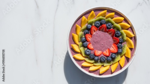 Top View Smoothie Bowl with Fruit Slices Arranged in Perfect Spiral Pattern on Clean White Background
