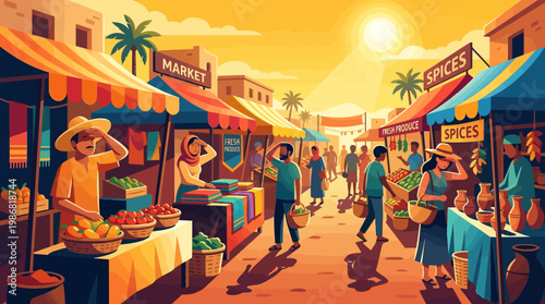 Vibrant Egyptian Marketplace Scene at Sunset with Spices and Produce