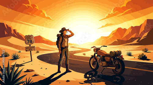 Desert Road Trip Adventure with Motorcycle and Traveler at Sunset