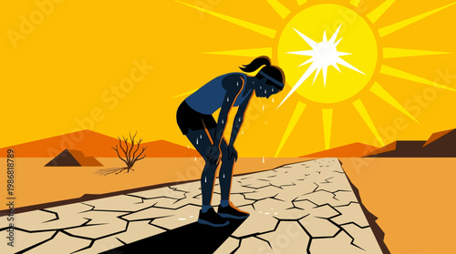 Overheated Runner Struggling in Extreme Heat on Cracked Desert Path