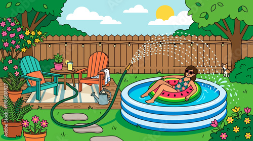 Relaxing summer day at the pool with watermelon float and garden