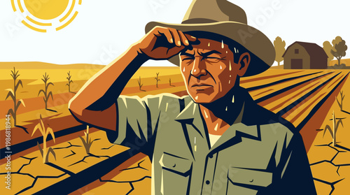 Farmer Sweating in Arid Field Under Harsh Sunlight Drought