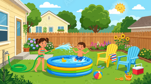 Children splashing in inflatable pool having fun in sunny backyard